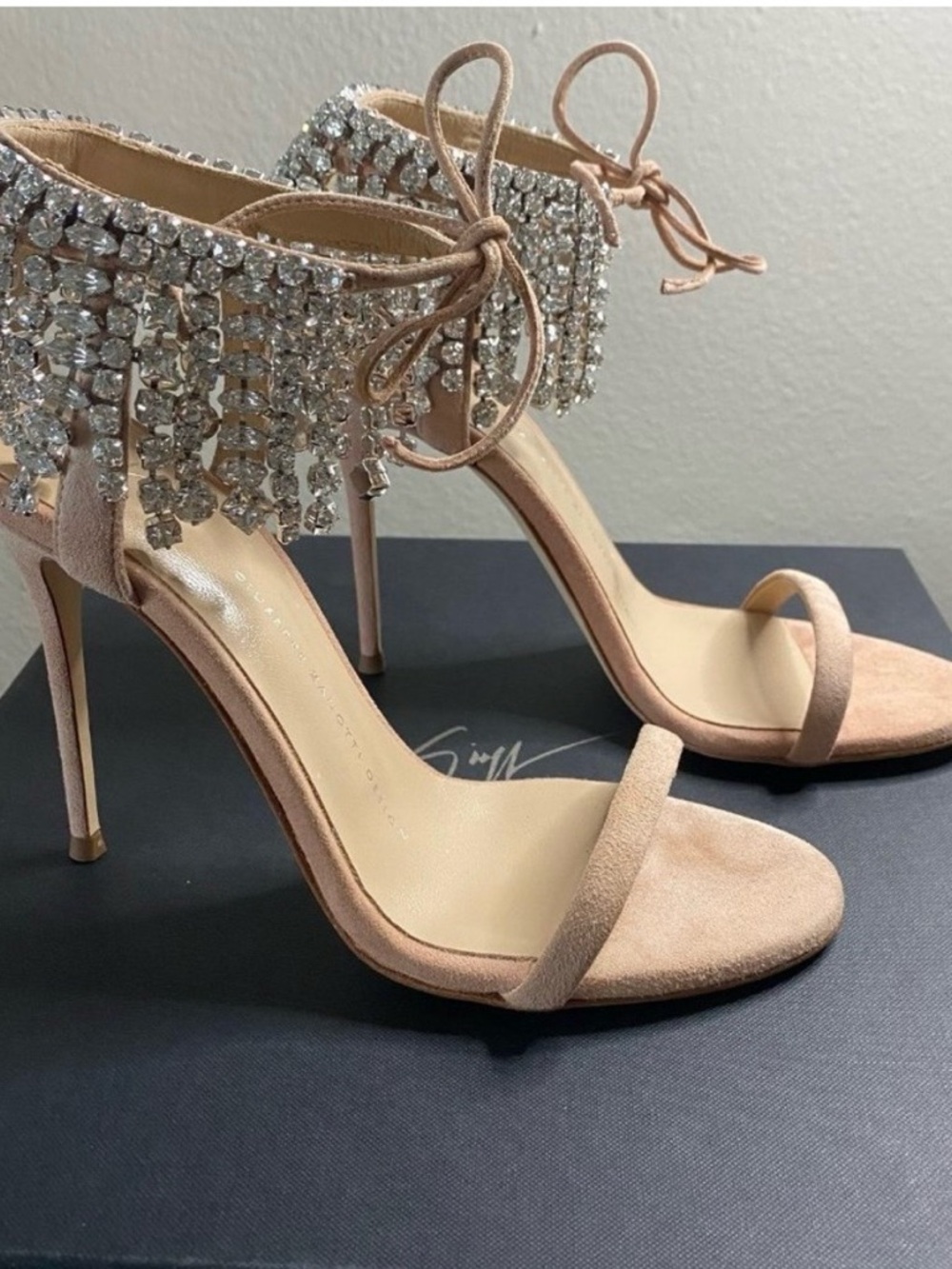 Giuseppe Zanotti Crystal Fringe Ankle-Tie Suede High Heel Sandals -Mistico